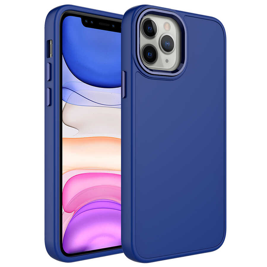 iPhone Uyumlu 12 Pro Max Kılıf Metal Çerçeve ve Buton Tasarımlı Silikon Zore Luna Kapak-Lacivert