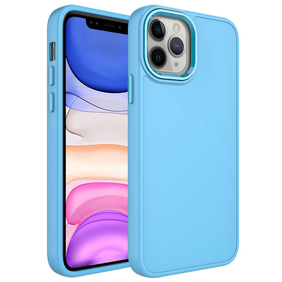 iPhone Uyumlu 12 Pro Max Kılıf Metal Çerçeve ve Buton Tasarımlı Silikon Zore Luna Kapak-Sierra mavi