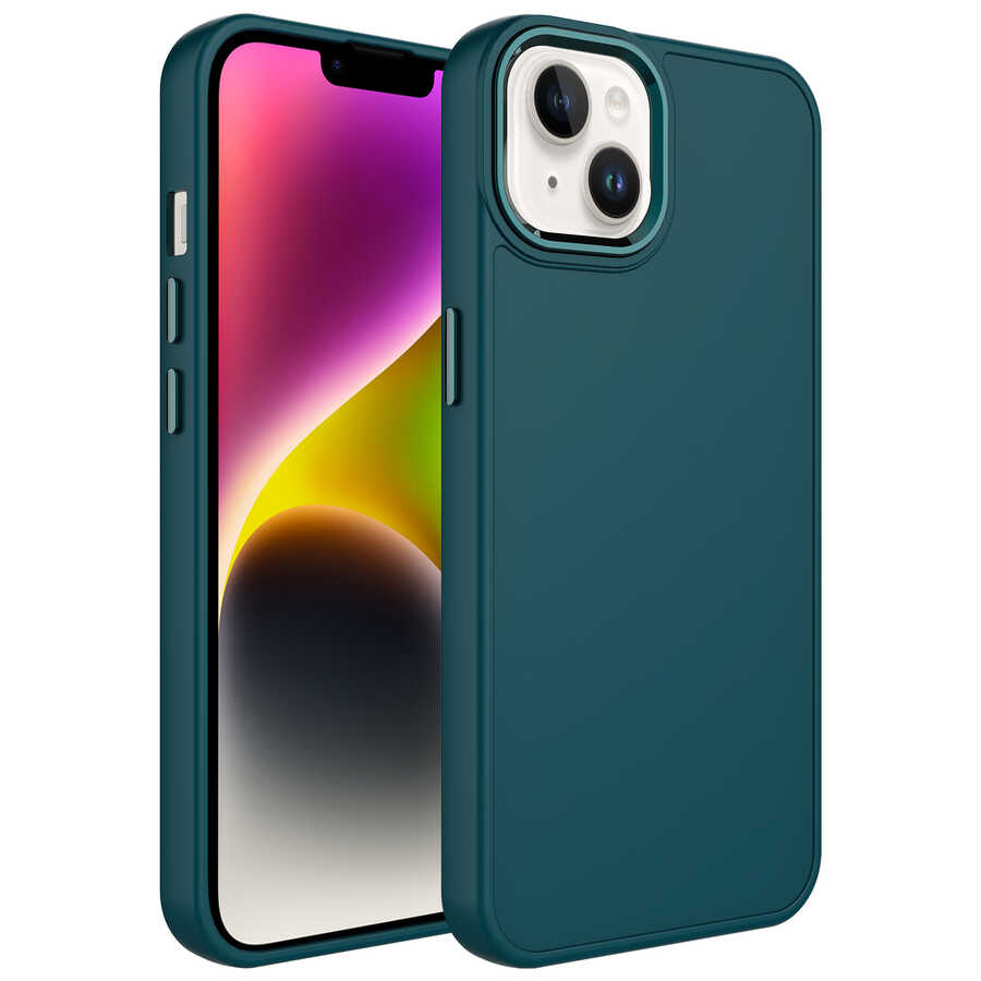 iPhone Uyumlu 13 Kılıf Metal Çerçeve ve Buton Tasarımlı Silikon Zore Luna Kapak-Koyu yeşil