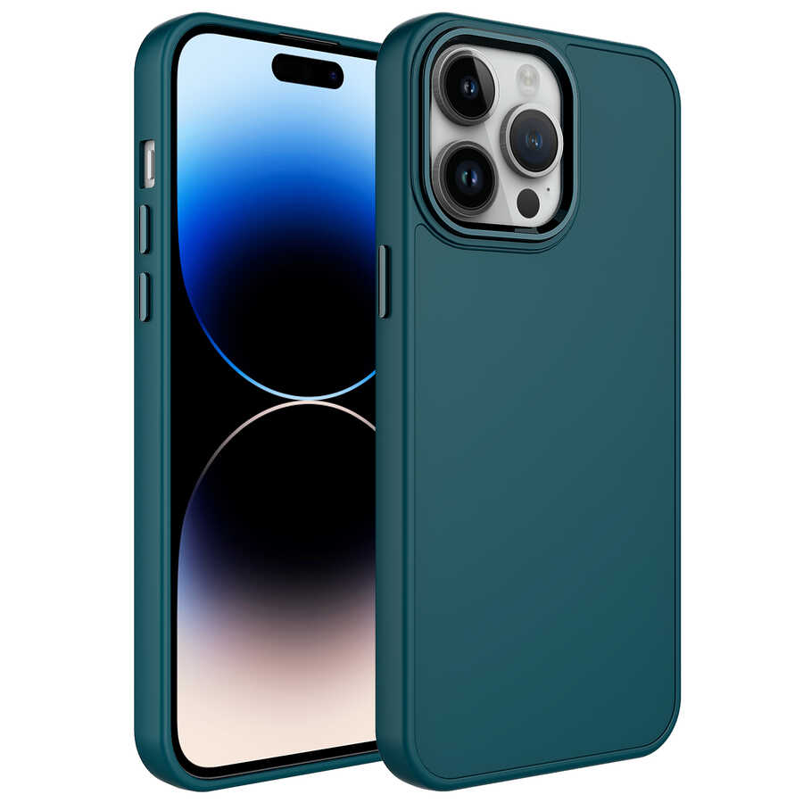 iPhone Uyumlu 13 Pro Kılıf Metal Çerçeve ve Buton Tasarımlı Silikon Zore Luna Kapak-Koyu yeşil