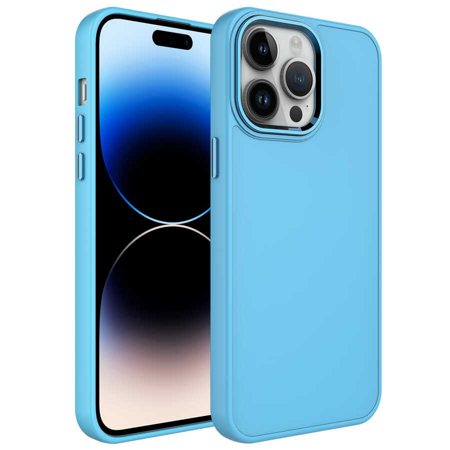 iPhone Uyumlu 13 Pro Kılıf Metal Çerçeve ve Buton Tasarımlı Silikon Zore Luna Kapak-Sierra mavi