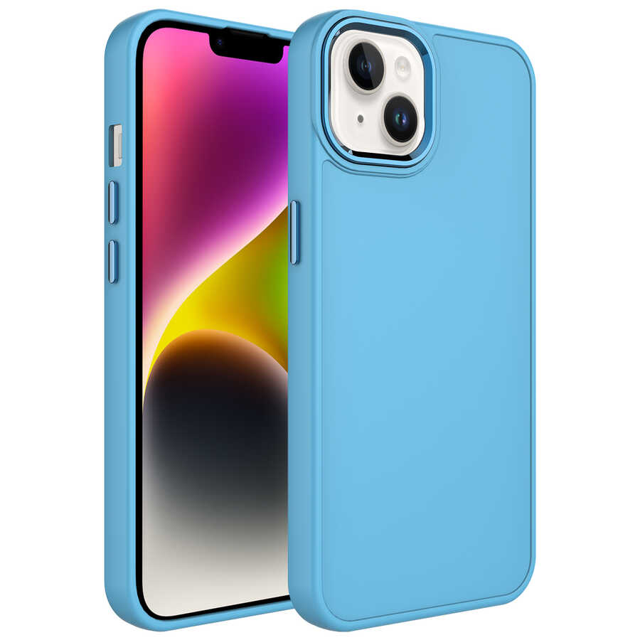 iPhone Uyumlu 14 Kılıf Metal Çerçeve ve Buton Tasarımlı Silikon Zore Luna Kapak-Sierra mavi