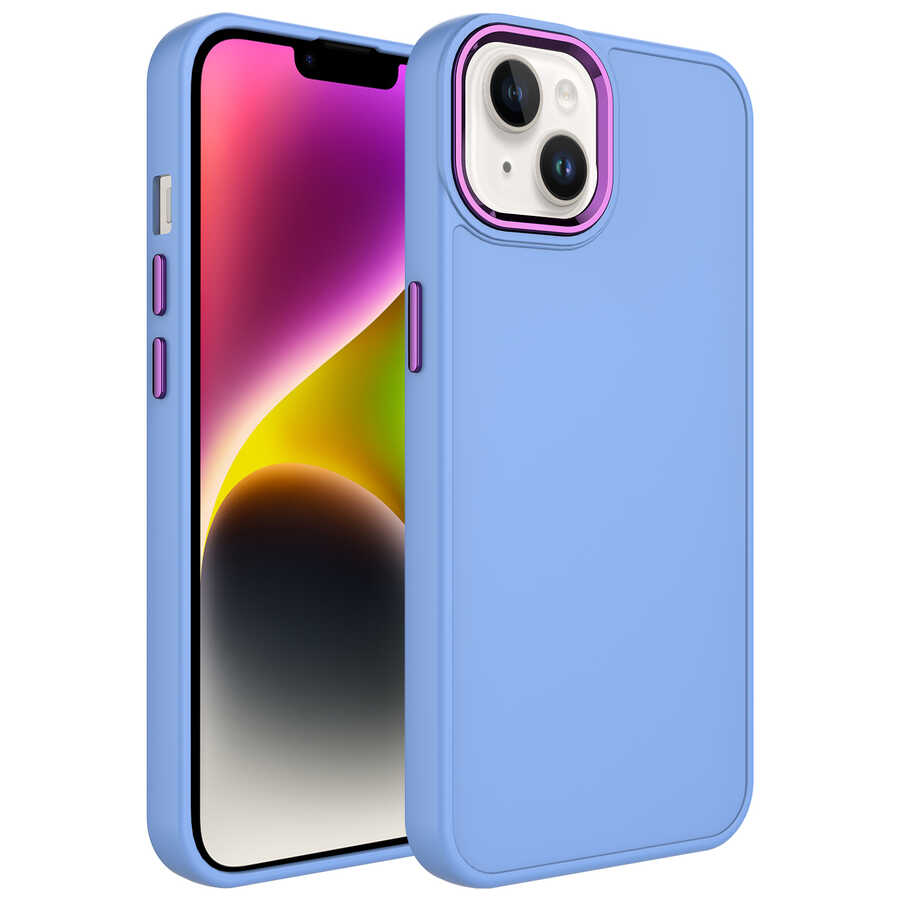 iPhone Uyumlu 14 Plus Kılıf Metal Çerçeve ve Buton Tasarımlı Silikon Zore Luna Kapak-Lila