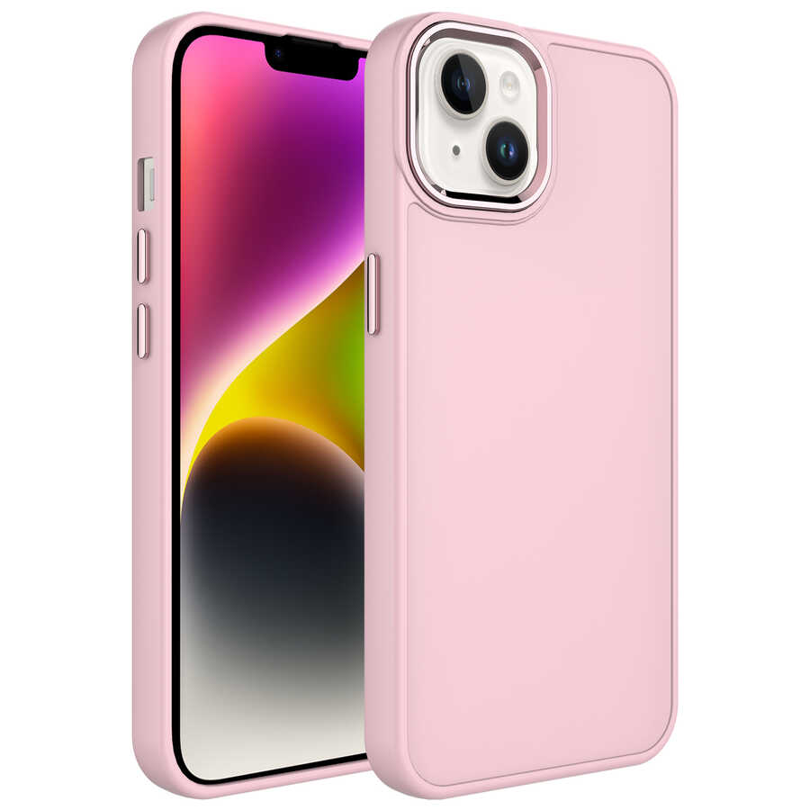 iPhone Uyumlu 14 Plus Kılıf Metal Çerçeve ve Buton Tasarımlı Silikon Zore Luna Kapak-Pembe