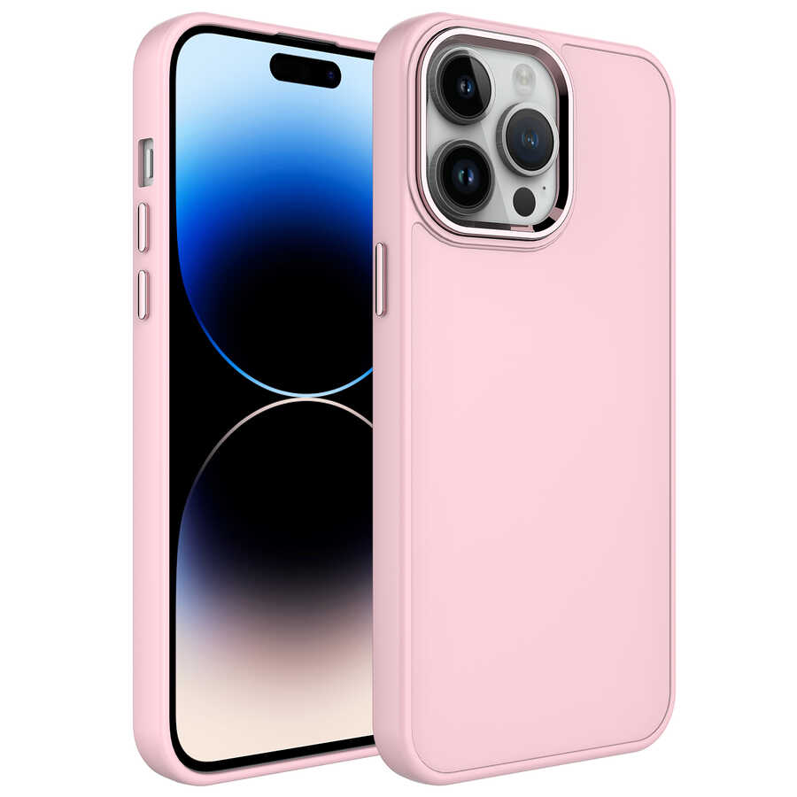 iPhone Uyumlu 14 Pro Kılıf Metal Çerçeve ve Buton Tasarımlı Silikon Zore Luna Kapak-Pembe