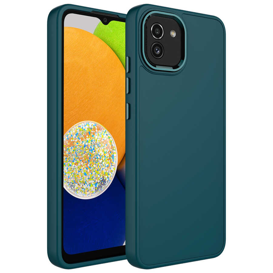 Galaxy Uyumlu A03 Kılıf Metal Çerçeve ve Buton Tasarımlı Silikon Zore Luna Kapak-Koyu yeşil