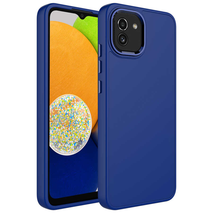 Galaxy Uyumlu A03 Kılıf Metal Çerçeve ve Buton Tasarımlı Silikon Zore Luna Kapak-Lacivert