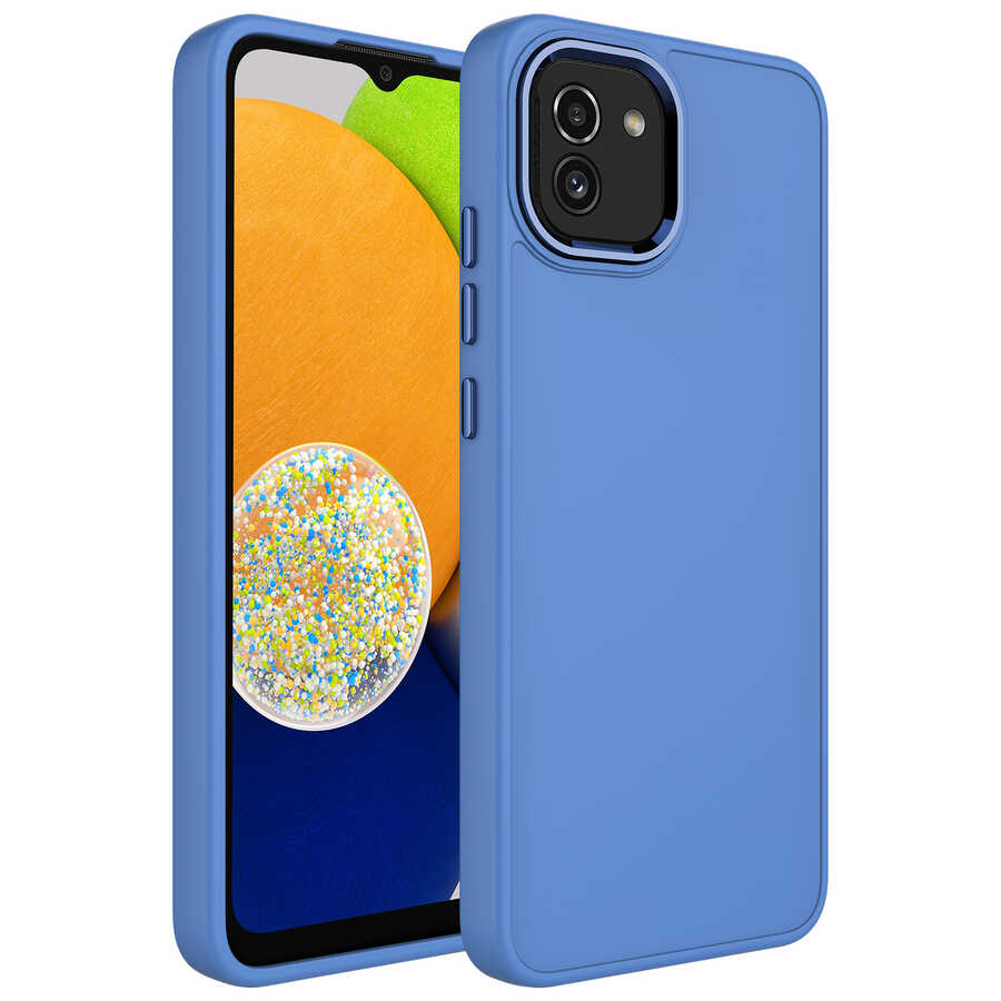 Galaxy Uyumlu A03 Kılıf Metal Çerçeve ve Buton Tasarımlı Silikon Zore Luna Kapak-Lavendery gray