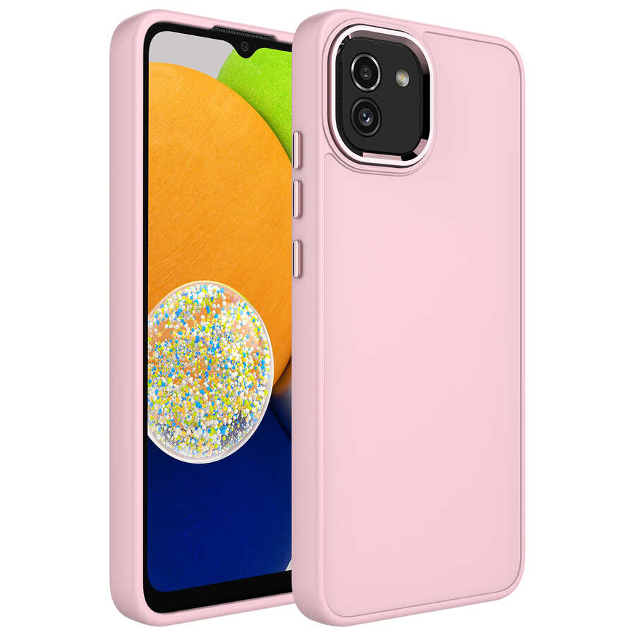 Galaxy Uyumlu A03 Kılıf Metal Çerçeve ve Buton Tasarımlı Silikon Zore Luna Kapak-Pembe