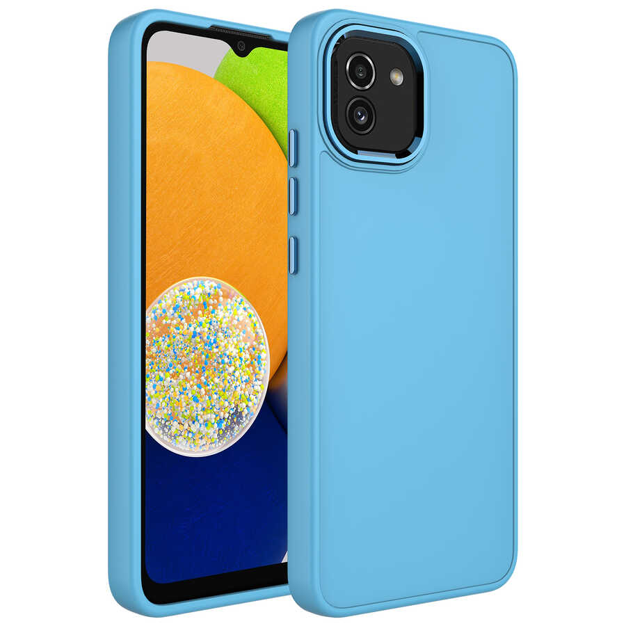 Galaxy Uyumlu A03 Kılıf Metal Çerçeve ve Buton Tasarımlı Silikon Zore Luna Kapak-Sierra mavi