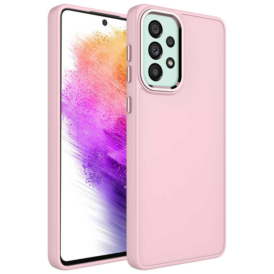 Galaxy Uyumlu A33 5G Kılıf Metal Çerçeve ve Buton Tasarımlı Silikon Zore Luna Kapak-Pembe