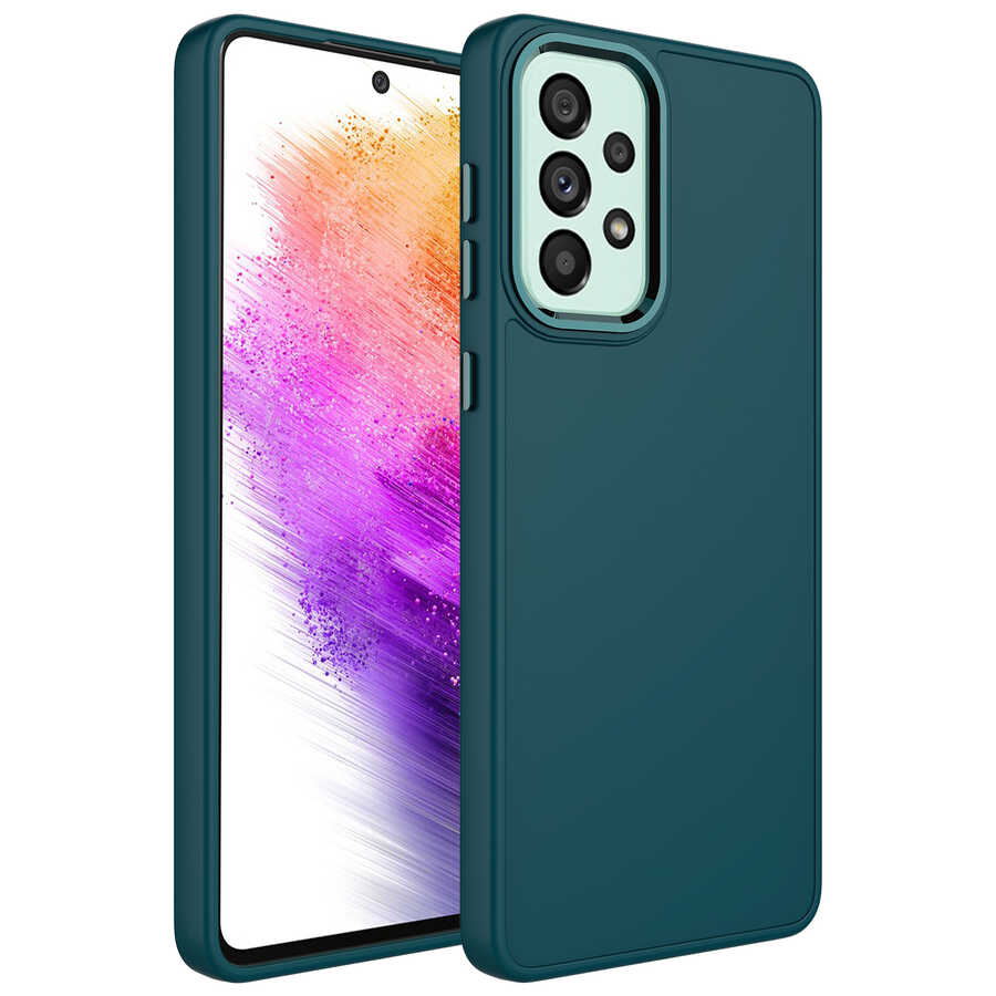 Galaxy Uyumlu A73 Kılıf Metal Çerçeve ve Buton Tasarımlı Silikon Zore Luna Kapak-Koyu yeşil