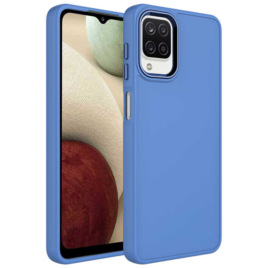 Galaxy Uyumlu M22 Kılıf Metal Çerçeve ve Buton Tasarımlı Silikon Zore Luna Kapak-Lavendery gray