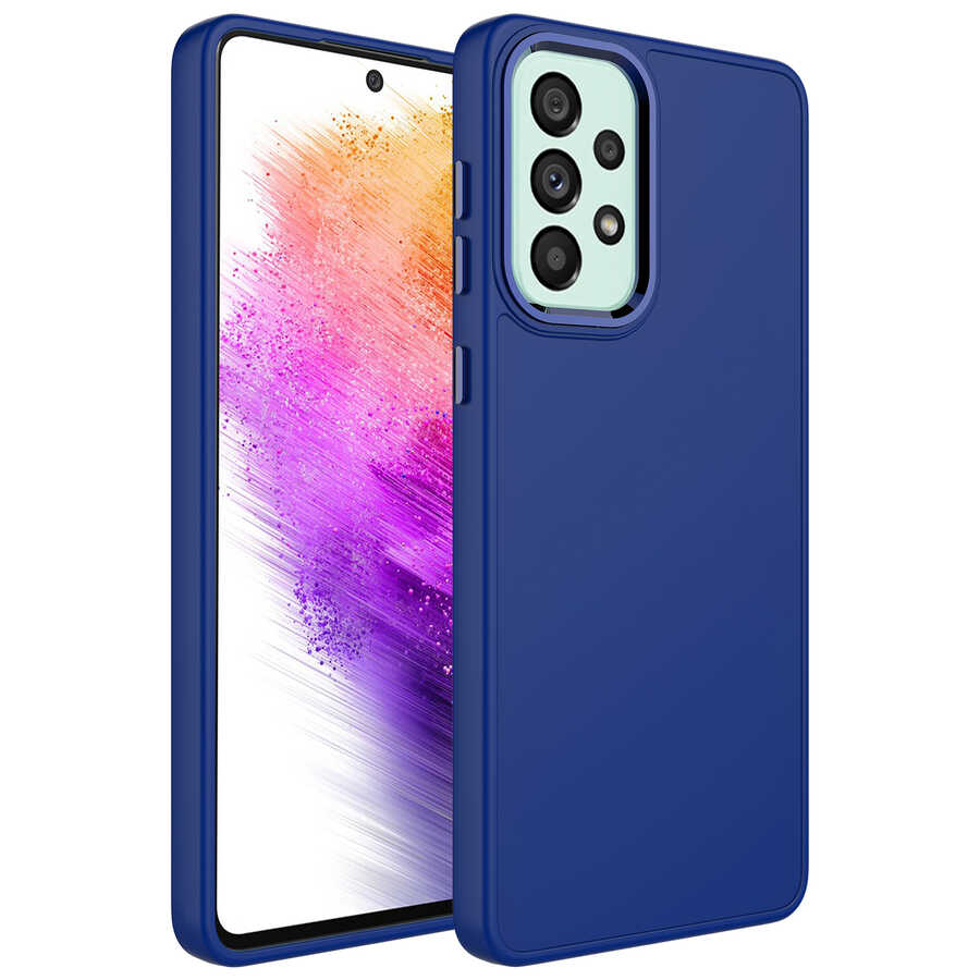 Galaxy Uyumlu A52 Kılıf Metal Çerçeve ve Buton Tasarımlı Silikon Zore Luna Kapak-Lacivert