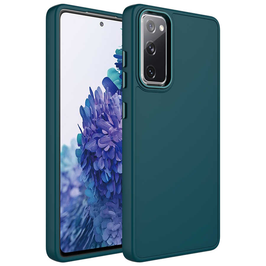 Galaxy Uyumlu S20 FE Kılıf Metal Çerçeve ve Buton Tasarımlı Silikon Zore Luna Kapak-Koyu yeşil