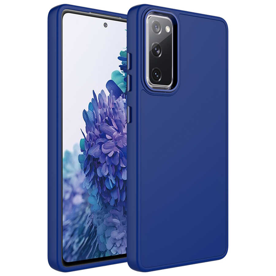 Galaxy Uyumlu S20 FE Kılıf Metal Çerçeve ve Buton Tasarımlı Silikon Zore Luna Kapak-Lacivert