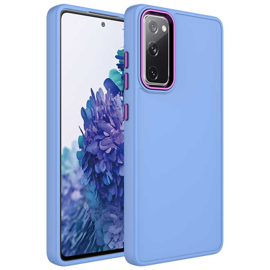 Galaxy Uyumlu S20 FE Kılıf Metal Çerçeve ve Buton Tasarımlı Silikon Zore Luna Kapak-Lila