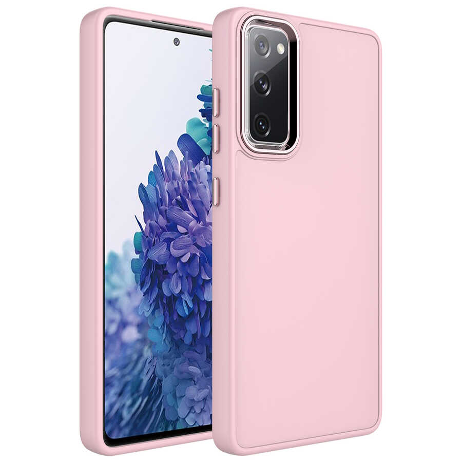 Galaxy Uyumlu S20 FE Kılıf Metal Çerçeve ve Buton Tasarımlı Silikon Zore Luna Kapak-Pembe