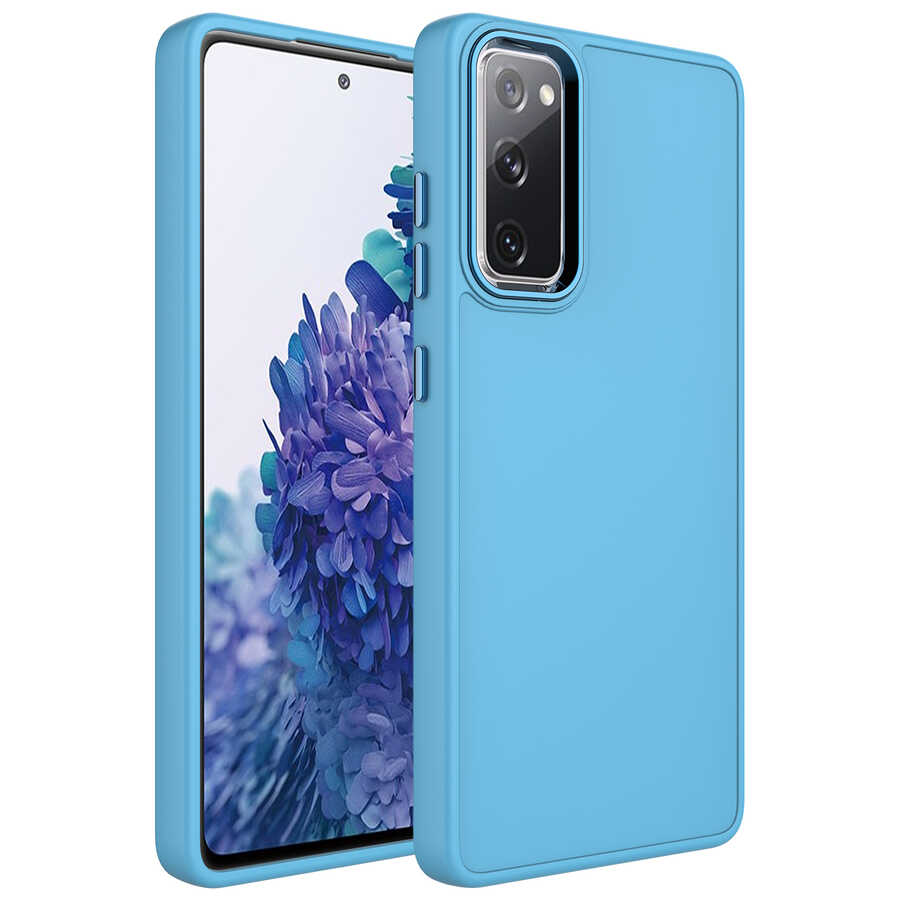 Galaxy Uyumlu S20 FE Kılıf Metal Çerçeve ve Buton Tasarımlı Silikon Zore Luna Kapak-Sierra mavi