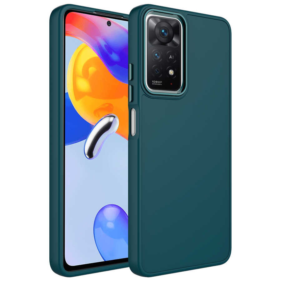 Xiaomi Uyumlu  Redmi Note 11 Global Kılıf Metal Çerçeve ve Buton Tasarımlı Silikon Zore Luna Kapak-Koyu yeşil