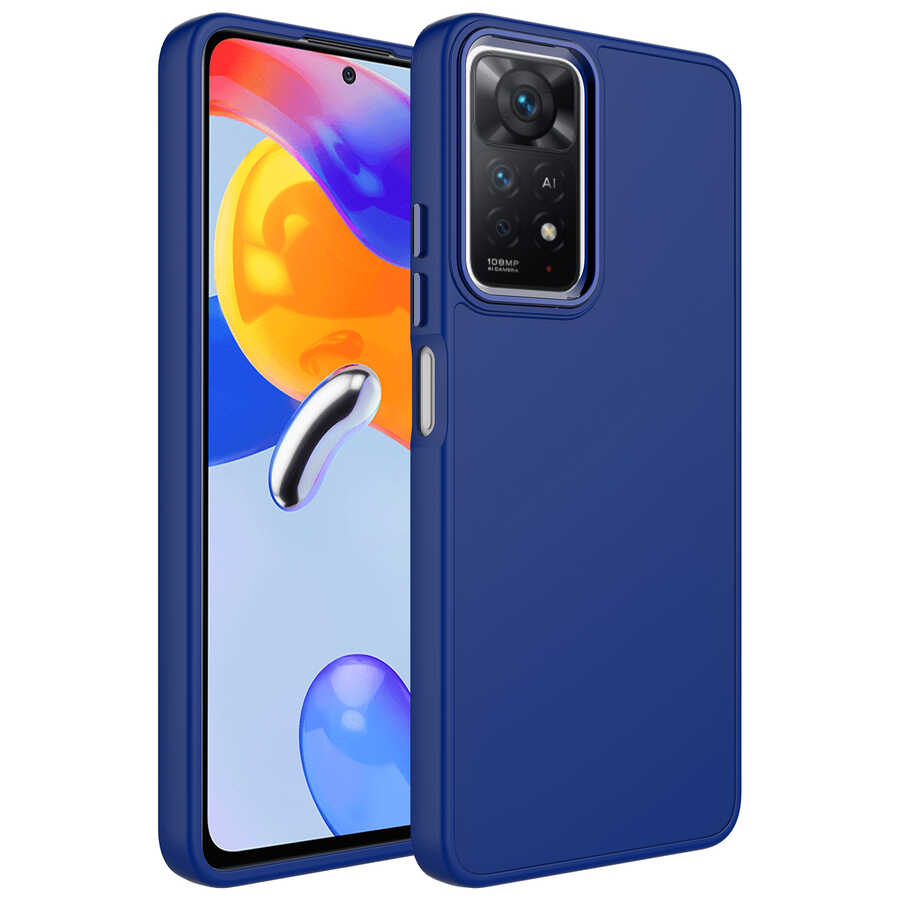 Xiaomi Uyumlu  Redmi Note 11 Global Kılıf Metal Çerçeve ve Buton Tasarımlı Silikon Zore Luna Kapak-Lacivert