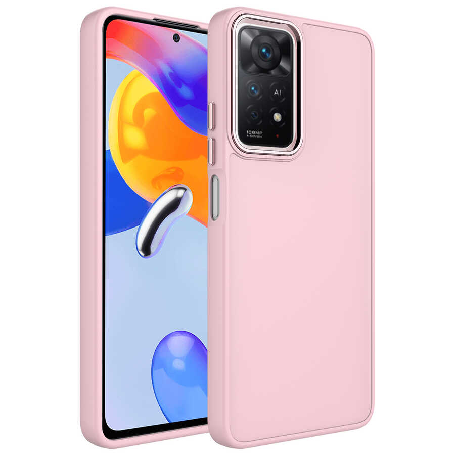 Xiaomi Uyumlu  Redmi Note 11 Global Kılıf Metal Çerçeve ve Buton Tasarımlı Silikon Zore Luna Kapak-Pembe