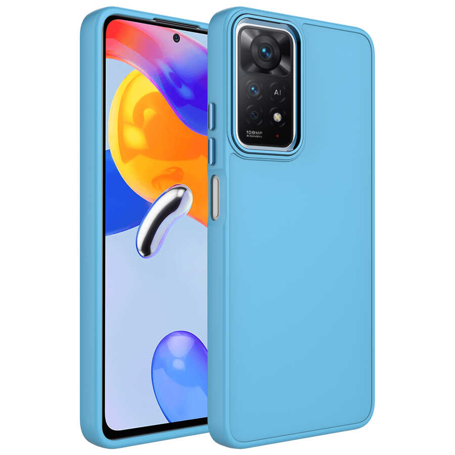 Xiaomi Uyumlu  Redmi Note 11 Global Kılıf Metal Çerçeve ve Buton Tasarımlı Silikon Zore Luna Kapak-Sierra mavi