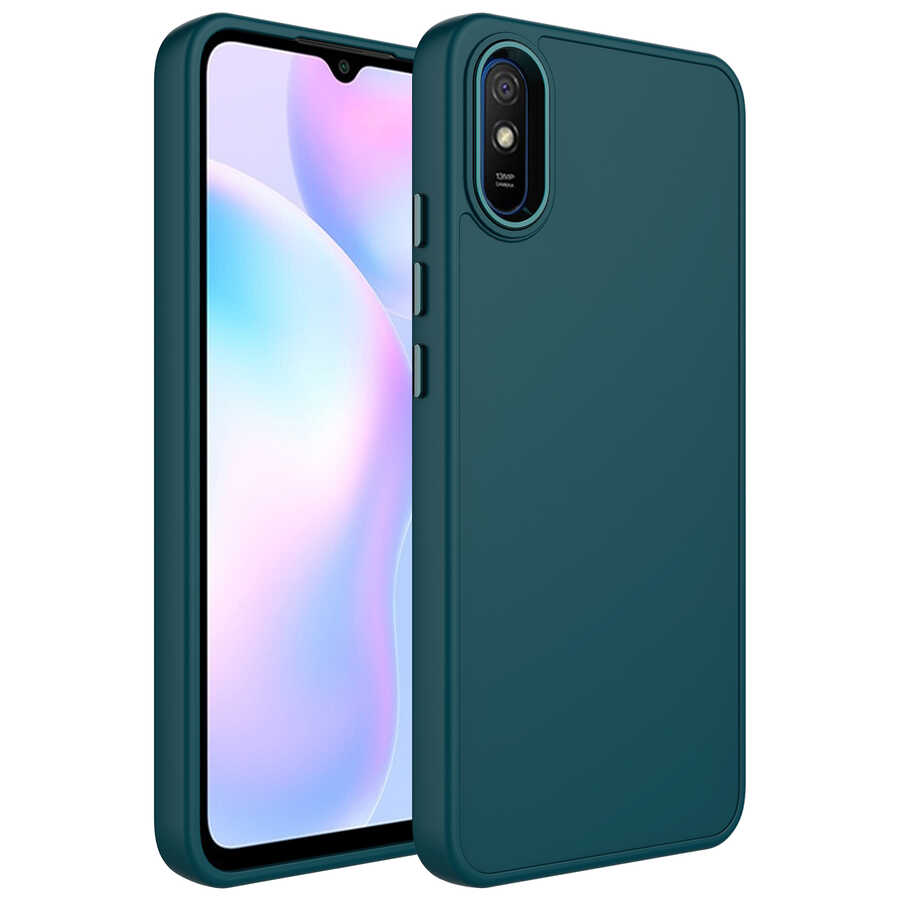 Xiaomi Uyumlu  Redmi 9A Kılıf Metal Çerçeve ve Buton Tasarımlı Silikon Zore Luna Kapak-Koyu yeşil