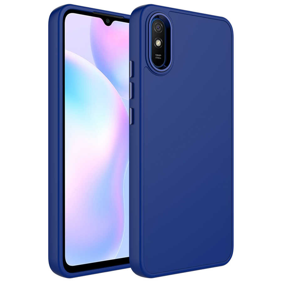 Xiaomi Uyumlu  Redmi 9A Kılıf Metal Çerçeve ve Buton Tasarımlı Silikon Zore Luna Kapak-Lacivert