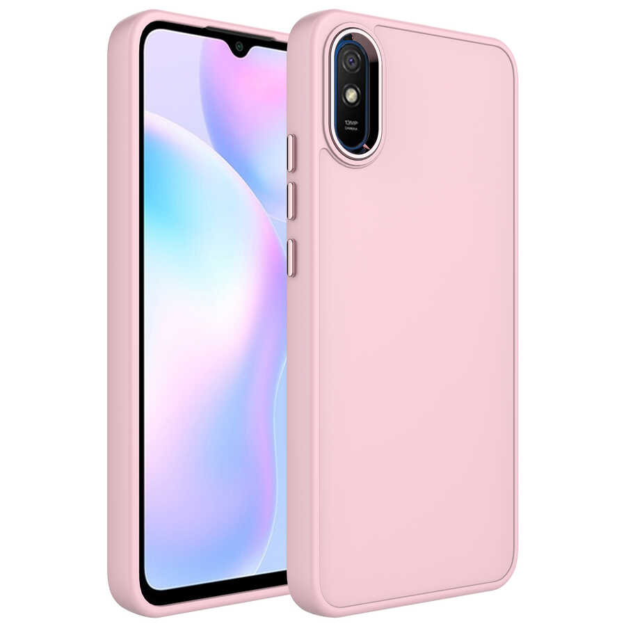 Xiaomi Uyumlu  Redmi 9A Kılıf Metal Çerçeve ve Buton Tasarımlı Silikon Zore Luna Kapak-Pembe