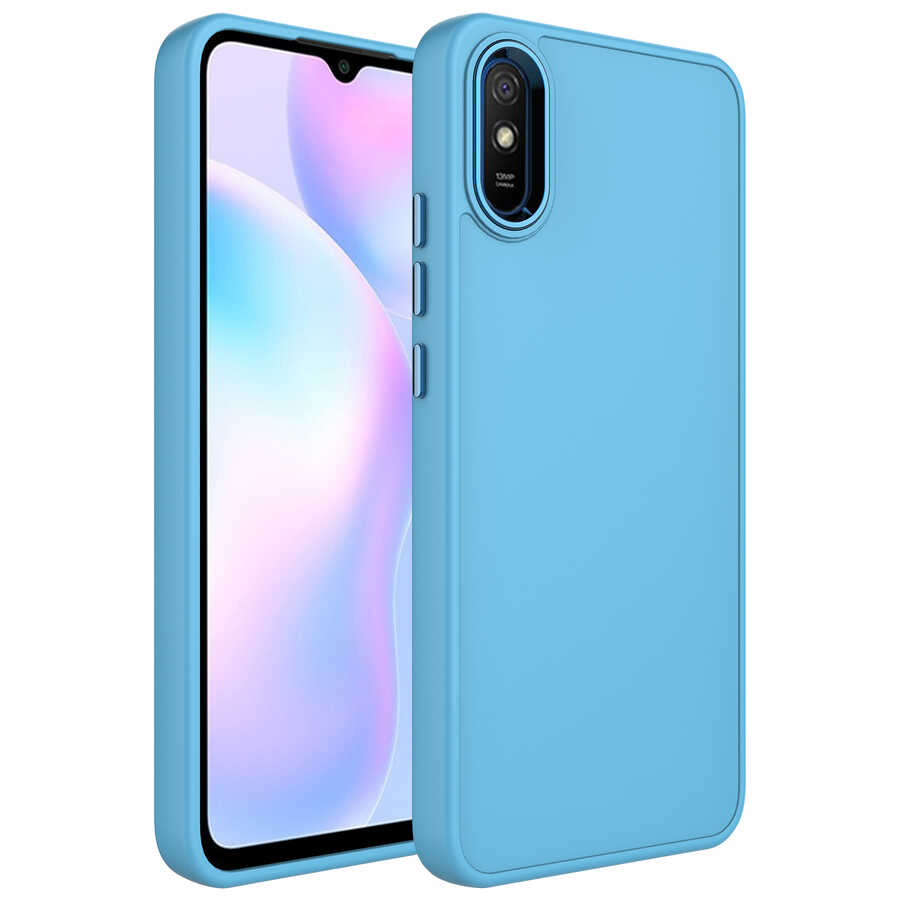 Xiaomi Uyumlu  Redmi 9A Kılıf Metal Çerçeve ve Buton Tasarımlı Silikon Zore Luna Kapak-Sierra mavi
