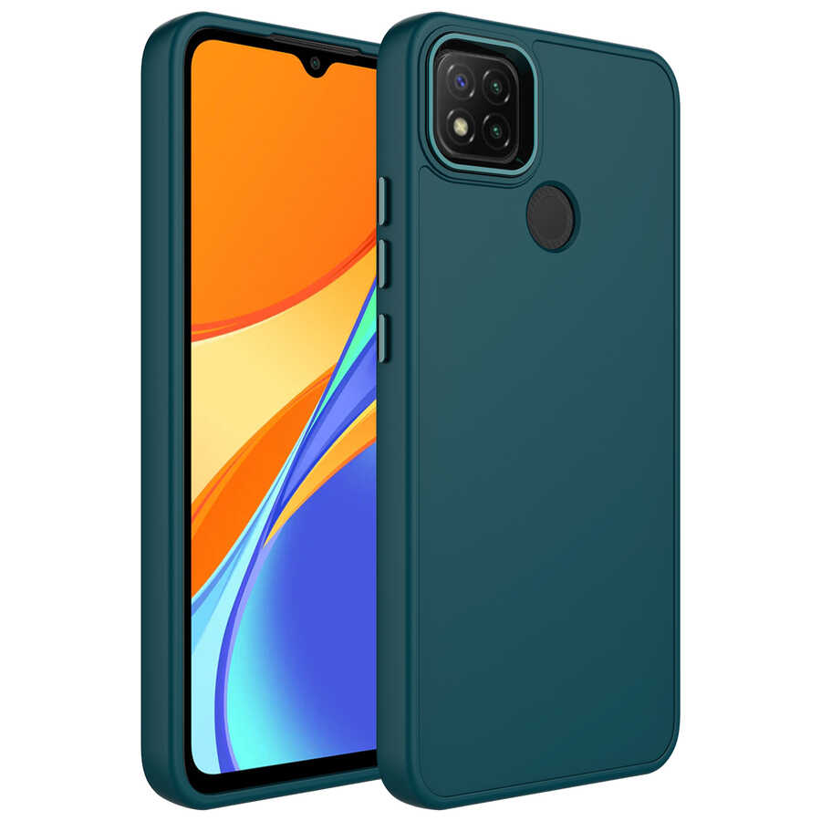 Xiaomi Uyumlu  Redmi 9C Kılıf Metal Çerçeve ve Buton Tasarımlı Silikon Zore Luna Kapak-Koyu yeşil