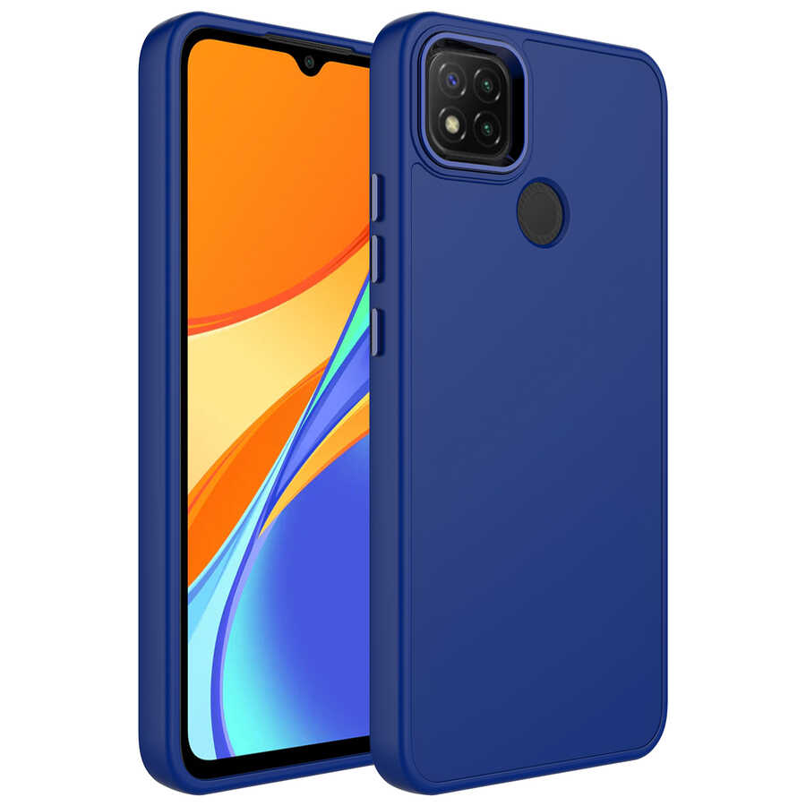 Xiaomi Uyumlu  Redmi 9C Kılıf Metal Çerçeve ve Buton Tasarımlı Silikon Zore Luna Kapak-Lacivert