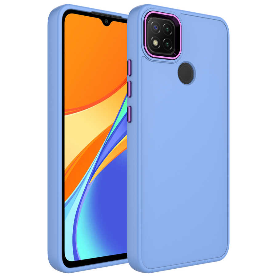 Xiaomi Uyumlu  Redmi 9C Kılıf Metal Çerçeve ve Buton Tasarımlı Silikon Zore Luna Kapak-Lila