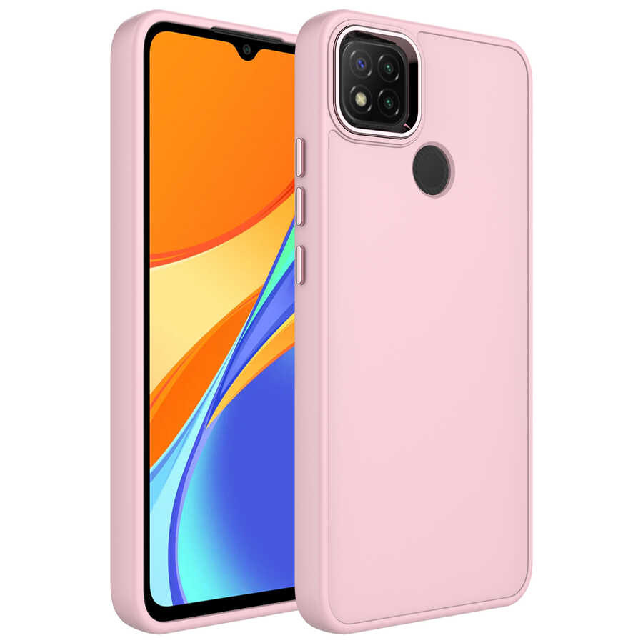 Xiaomi Uyumlu  Redmi 9C Kılıf Metal Çerçeve ve Buton Tasarımlı Silikon Zore Luna Kapak-Pembe