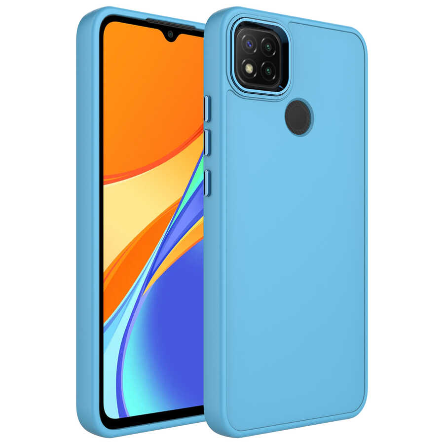 Xiaomi Uyumlu  Redmi 9C Kılıf Metal Çerçeve ve Buton Tasarımlı Silikon Zore Luna Kapak-Sierra mavi