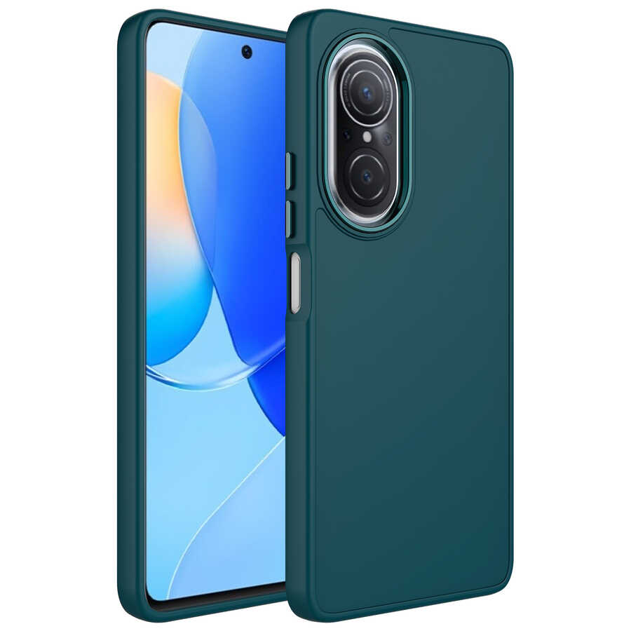 Huawei Uyumlu Nova 9 SE Kılıf Metal Çerçeve ve Buton Tasarımlı Silikon Zore Luna Kapak-Koyu yeşil