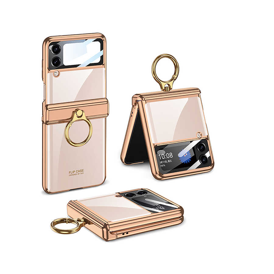 Galaxy Uyumlu Z Flip 4 Kılıf Zore Kıpta Yüzüklü Lens Korumalı Kapak-Gold