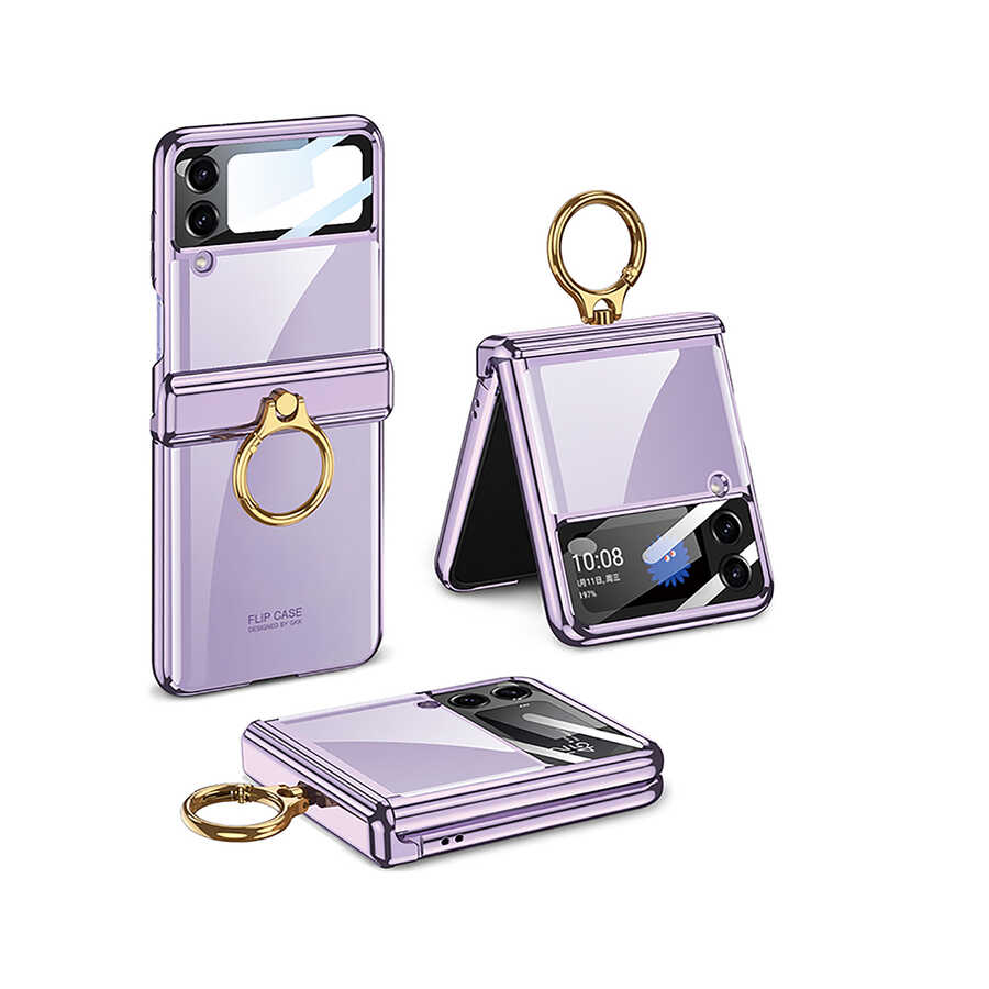 Galaxy Uyumlu Z Flip 4 Kılıf Zore Kıpta Yüzüklü Lens Korumalı Kapak-Lila