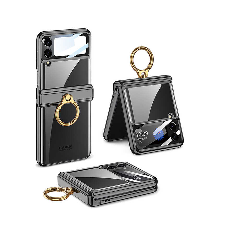 Galaxy Uyumlu Z Flip 4 Kılıf Zore Kıpta Yüzüklü Lens Korumalı Kapak-Siyah