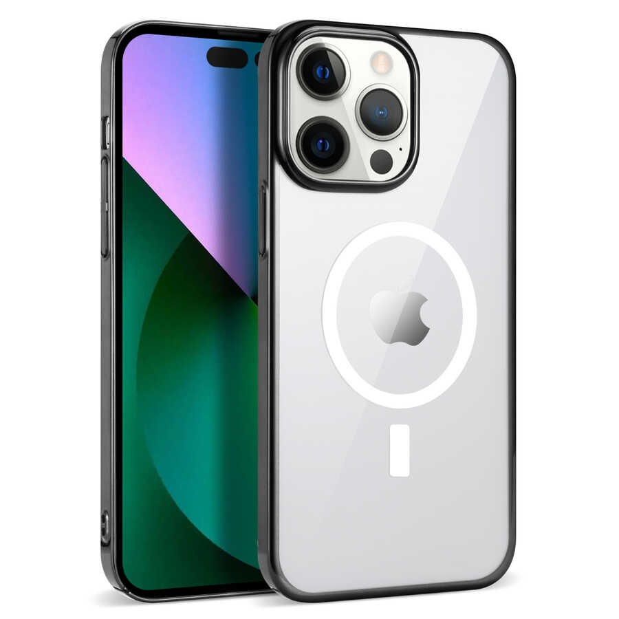 iPhone Uyumlu 13 Pro Max Kılıf Zore Wireless Şarj Özellikli Pixel M-safe Kapak-Siyah