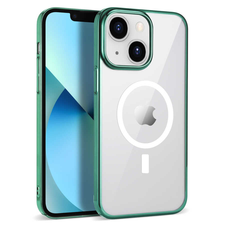 iPhone Uyumlu 14 Plus Kılıf Zore Wireless Şarj Özellikli Pixel M-safe Kapak-Koyu yeşil