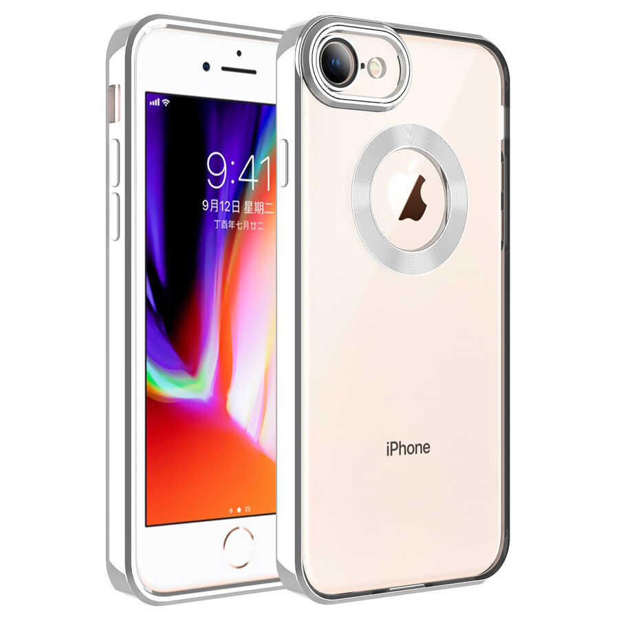 iPhone Uyumlu 7 Kılıf Kamera Korumalı Logo Gösteren Zore Omega Kapak-Gümüş