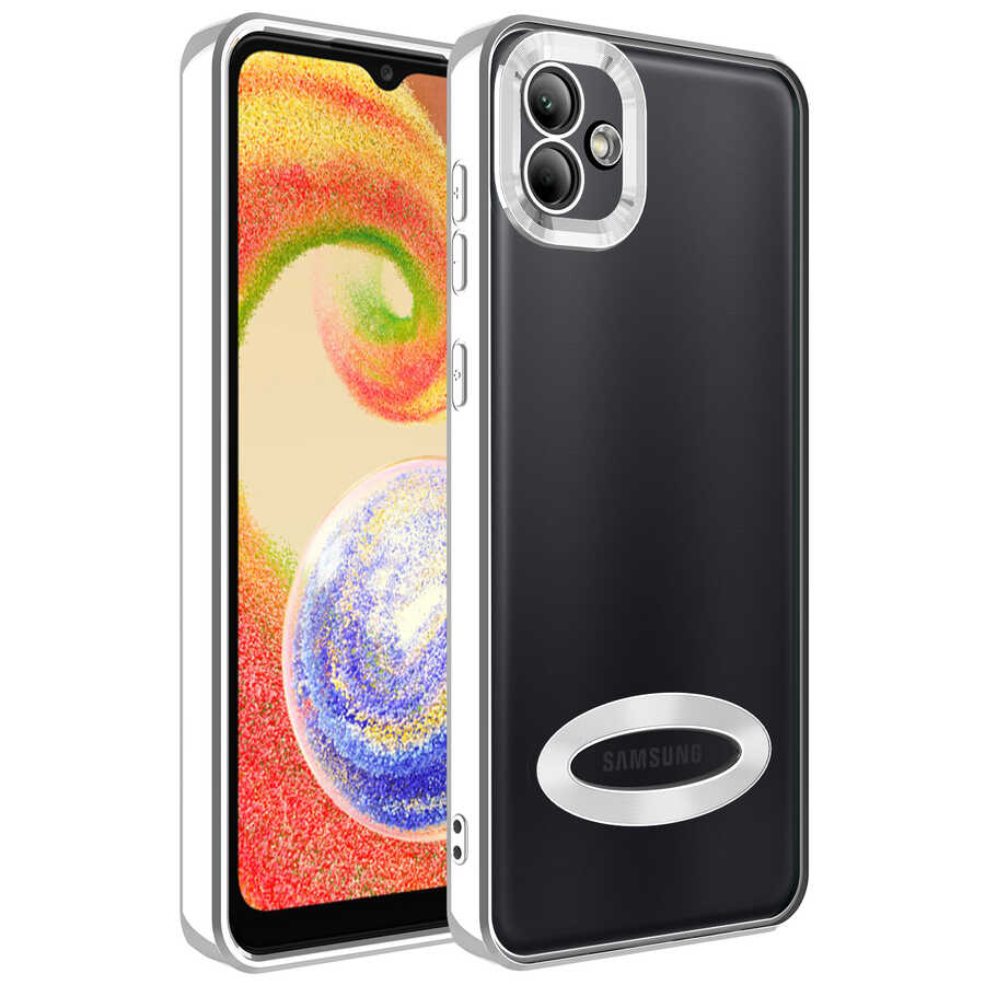 Galaxy Uyumlu A03 Kılıf Kamera Korumalı Logo Gösteren Zore Omega Kapak-Gümüş