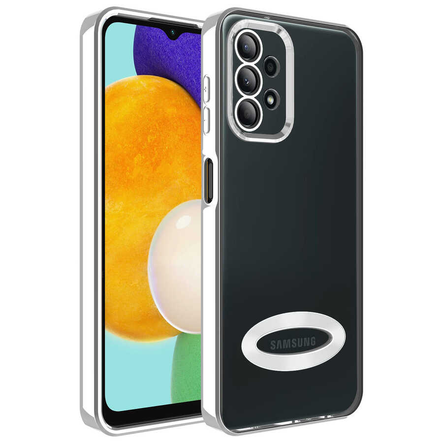Galaxy Uyumlu A13 4G Kılıf Kamera Korumalı Logo Gösteren Zore Omega Kapak-Gümüş