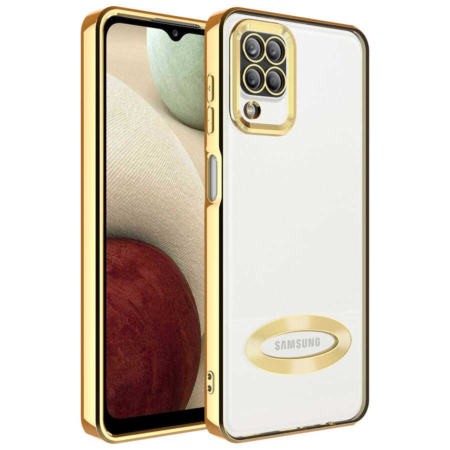 Galaxy Uyumlu A12 Kılıf Kamera Korumalı Logo Gösteren Zore Omega Kapak-Gold