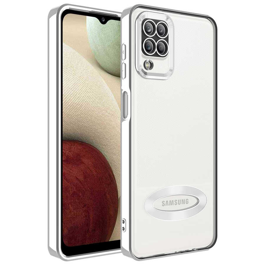 Galaxy Uyumlu A12 Kılıf Kamera Korumalı Logo Gösteren Zore Omega Kapak-Gümüş