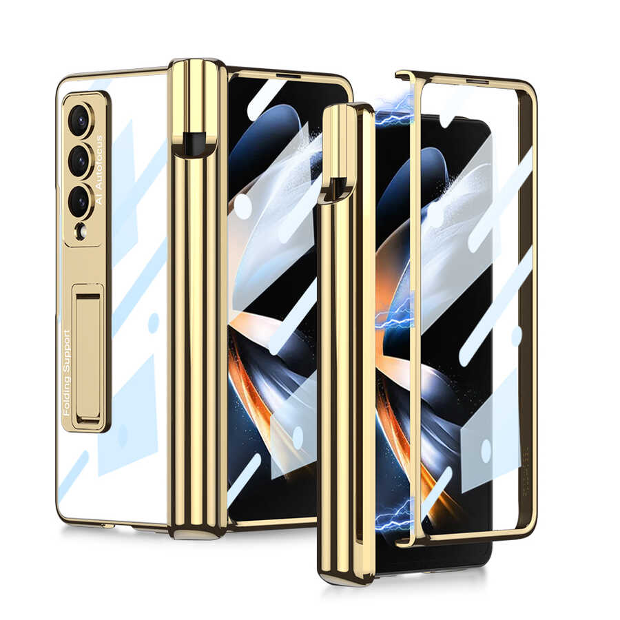 Galaxy Uyumlu Z Fold 4 Kılıf Zore Kıpta Standlı Kalem Bölmeli Kapak-Gold