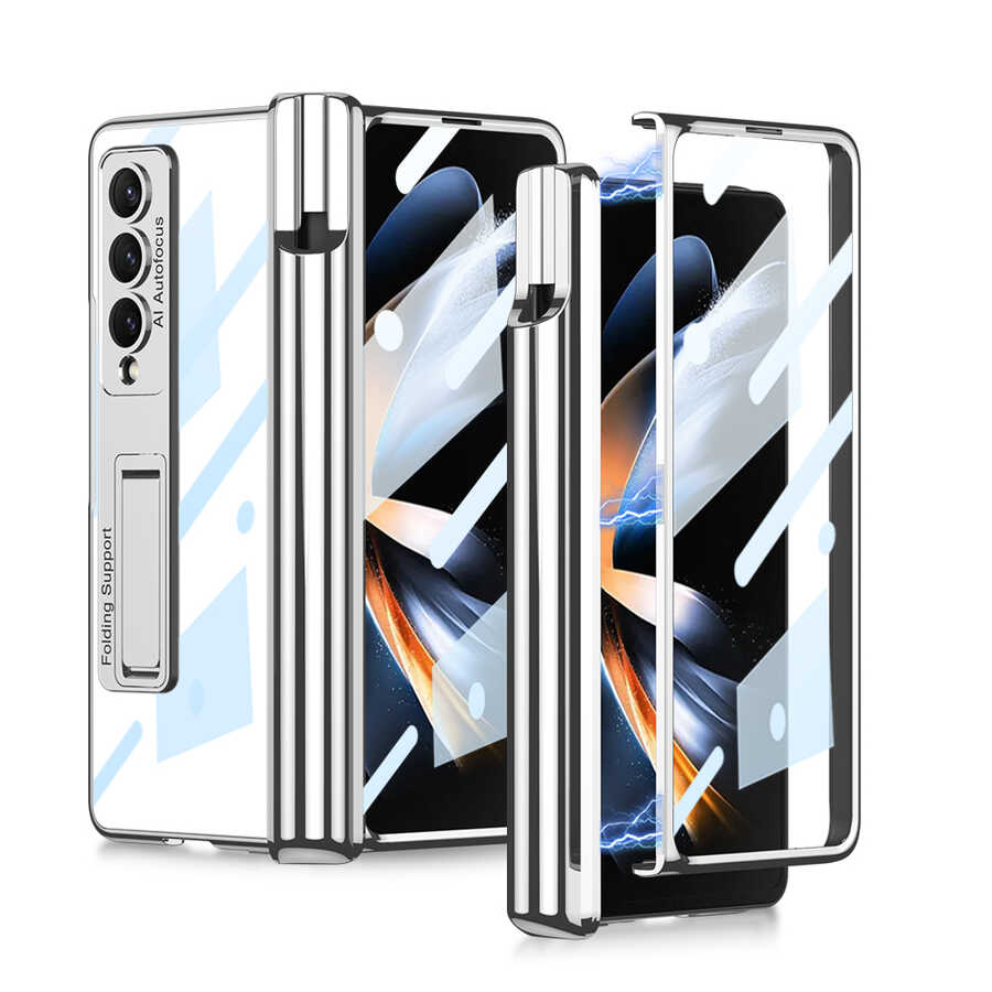 Galaxy Uyumlu Z Fold 4 Kılıf Zore Kıpta Standlı Kalem Bölmeli Kapak-Gümüş