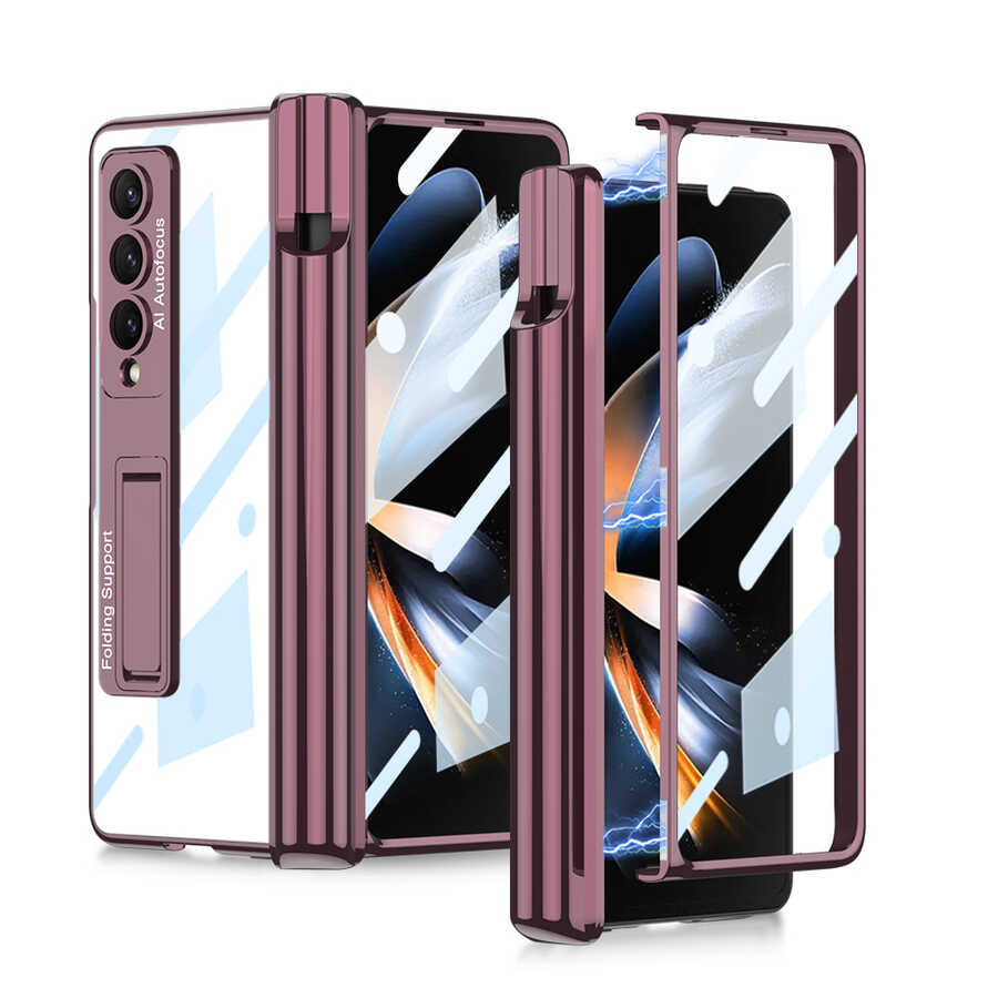 Galaxy Uyumlu Z Fold 4 Kılıf Zore Kıpta Standlı Kalem Bölmeli Kapak-Mürdüm